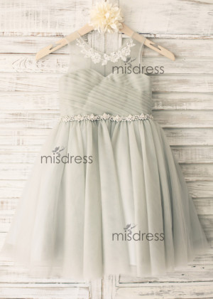 Gray Pleated Tulle Flower Girl Dress With Beaded Belt